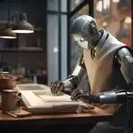 Robot antropomórfico realizando un trabajo en ordenador haciendo referencia a los agentes ia