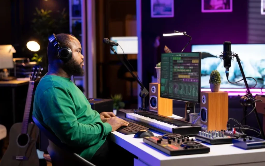 Productor musical trabajando con DAW en un estudio casero