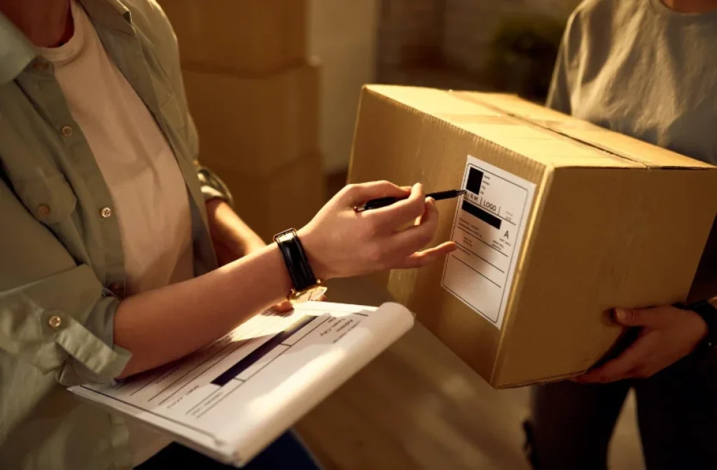 Entrega de paquete con etiqueta de envío y firma de recepción
