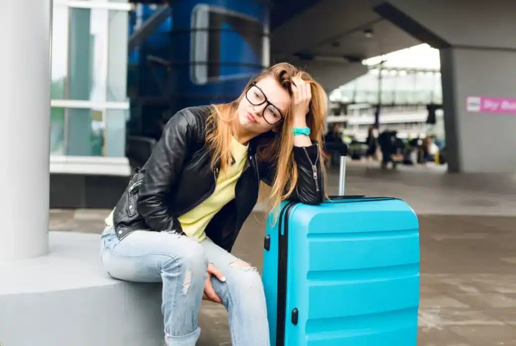 Chica esperando cansada en el aeropuerto con su maleta tras saber cómo reclamar un vuelo retrasado