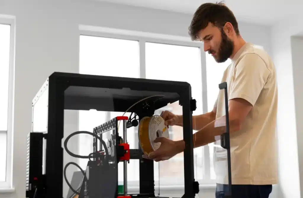 Técnico cargando una bobina de filamento en una impresora de escritorio antes de una impresión 3D